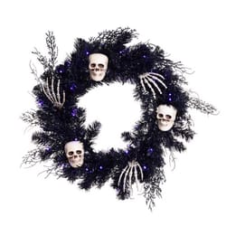 Celebrations Orange/Purple 50 ct 24 in. LED Prelit Black Skull Wreath