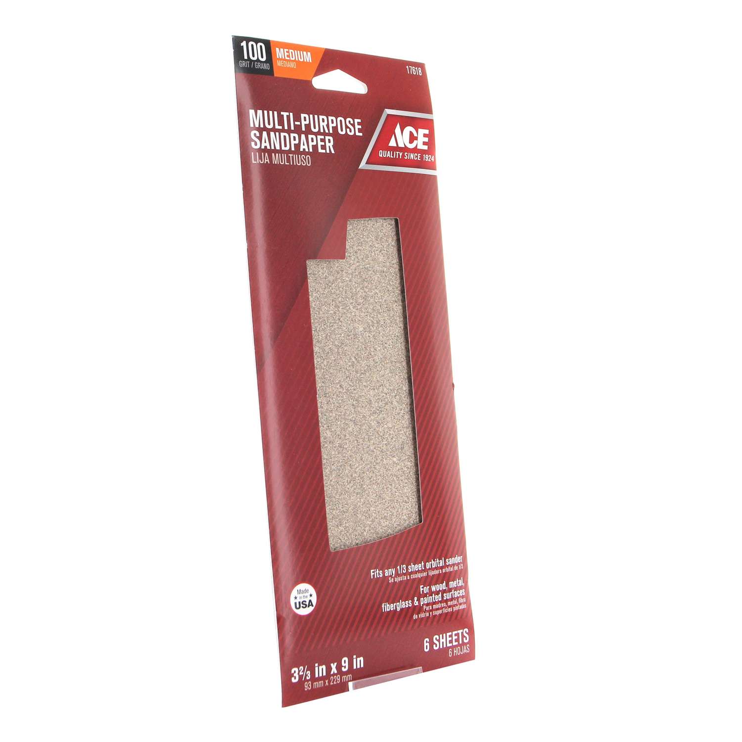Ace 9 in. L x 32/3 in. W 100 Grit Aluminum Oxide Sandpaper 6 pk Ace