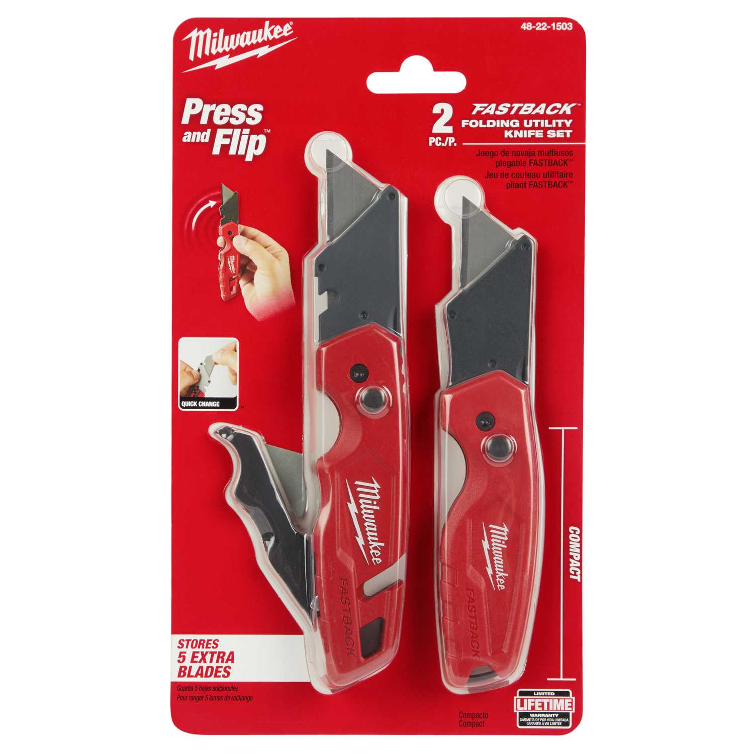 Milwaukee Fastback 61/2 in. Press and Flip Utility Knife Set Red 2 pk Ace Hardware