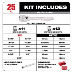 Milwaukee 1/4 in. drive Metric and SAE 25 Piece Mechanics Ratchet and Socket Set 90 teeth