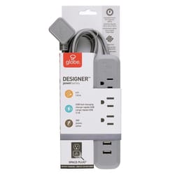 Globe Electric Designer 6 ft. L 3 outlets Power Strip with USB Ports Gray 300 J