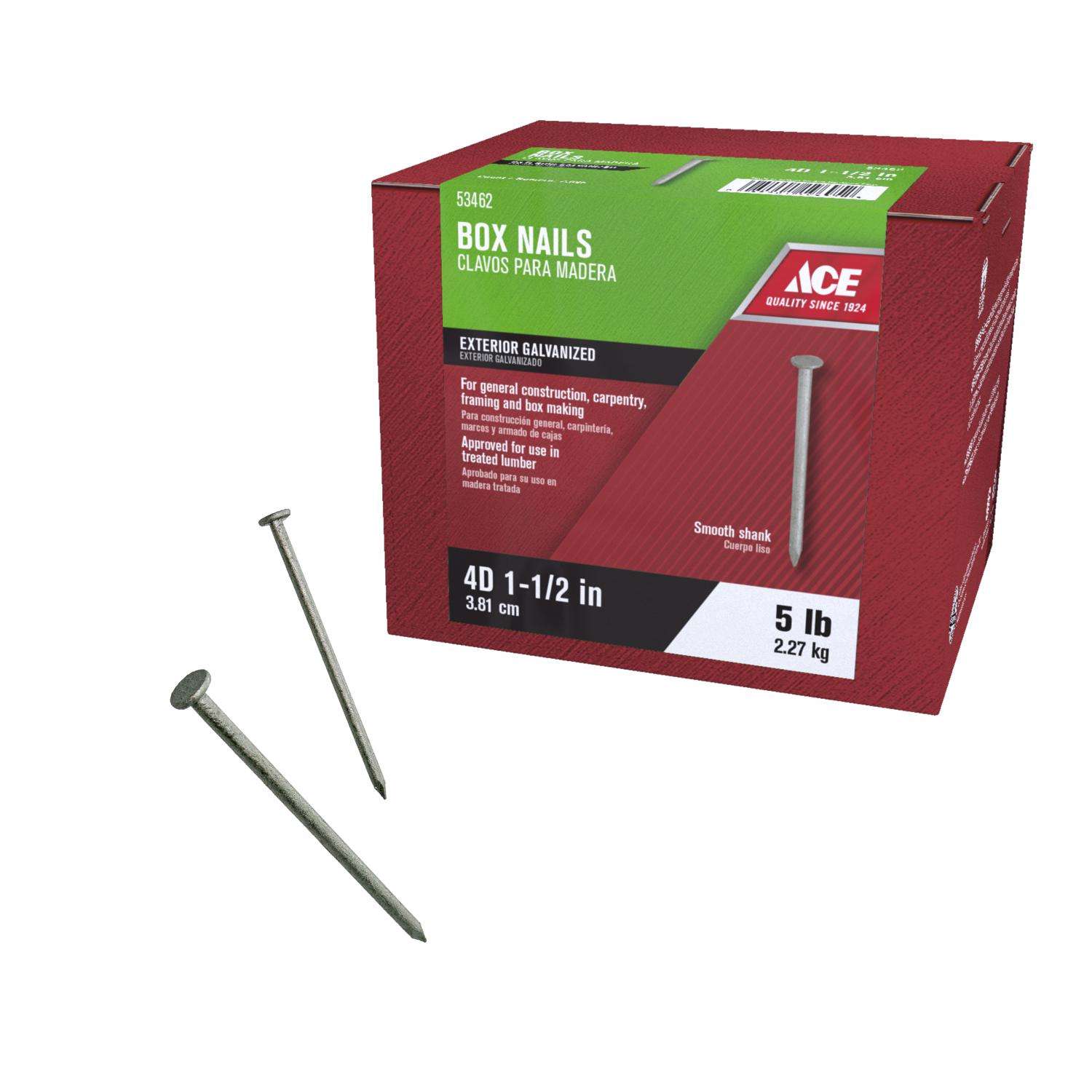 Ace 4D 1-1/2 in. Box Hot-Dipped Galvanized Steel Nail Flat Head 1 lb Ace 4D 1-1/2 in. Box Hot-Dipped Galvanized Steel Nail Flat Head 1 lb