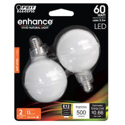 Feit G16.5 E12 (Candelabra) LED Bulb Soft White 60 Watt Equivalence 2 pk