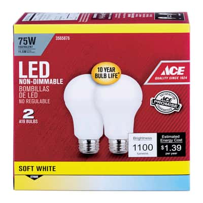 Ace A19 E26 Medium Led Bulb Soft White 75 Watt Equivalence 2 Pk Ace Hardware