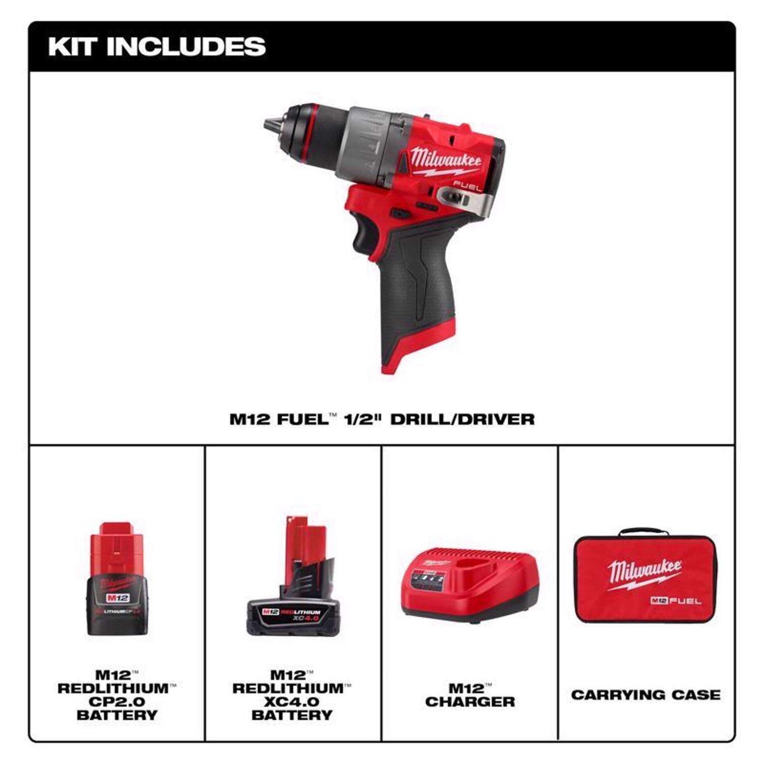 Milwaukee M12 FUEL Brushless 1/2 In. Subcompact Cordless Drill/Driver Kit  with 4.0 Ah & 2.0 Ah Battery & Charger - Eastwood Hardware