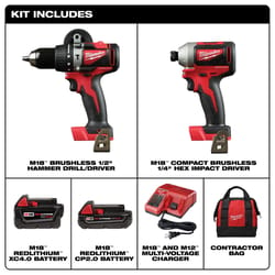 Milwaukee 18V M18 Cordless Brushless 2 Tool Compact Hammer Drill and Impact Driver Kit