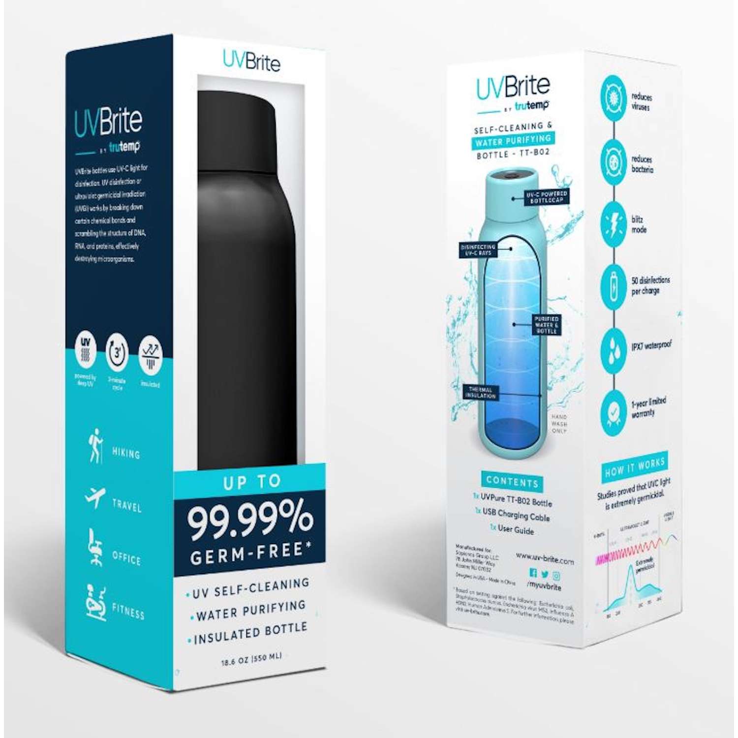 UVBrite 18.6 oz. Black BPA Free SelfCleaning Water Bottle