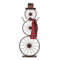 Glitzhome Multicolored Bike Wheel Snowman with Plaid Scarf Porch Sign 33.98 in.