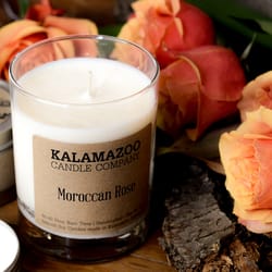 Kalamazoo Candle Company Clear glass jar with white soy wax, wood lid Moroccan Rose Scent Moroccan R