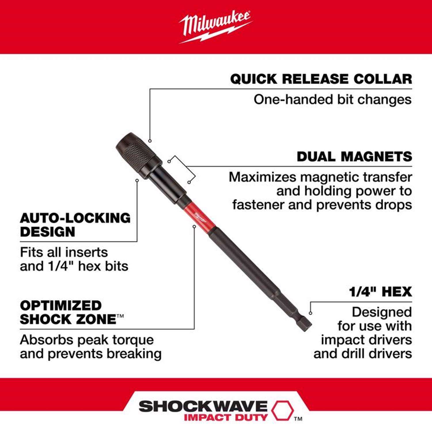 Milwaukee Shockwave 6 in. Alloy Steel Impact Magnetic Locking Bit Holder 1 4 in. Hex Shank 1 pc Mfr 48 32 4532 Ace Hardware