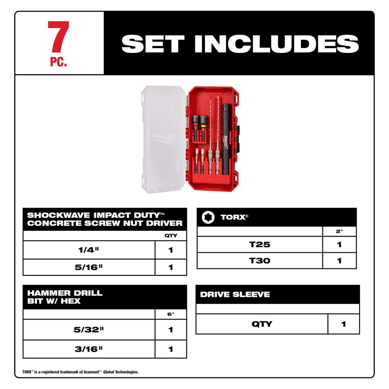 Milwaukee Shockwave 7.74 in. L Carbide Hammer Drill Bit Set Hex Shank 7 pc  - Ace Hardware