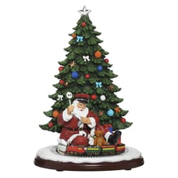 Roman Glitter Dome LED Multicolored Music Santa with Train Rotating Around Tree Table Decor 13 in.