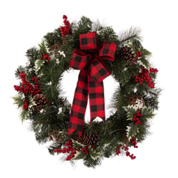 Glitzhome 24 in. D LED Prelit Warm White Buffalo Bow Berry Holly Pine Cone Rattan Wreath