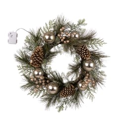 Glitzhome 24 in. D LED Prelit Warm White Berry Holly Pine Cone Wreath