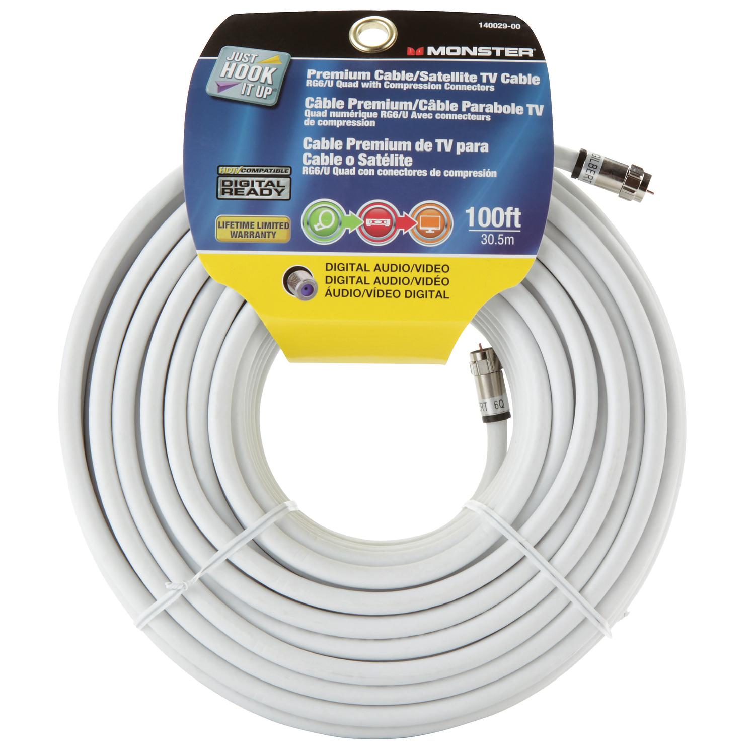 UPC 050644622595 product image for Monster 100 Ft White RG6 Quad Video Coaxial Cable (140029-00) | upcitemdb.com