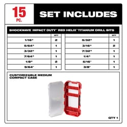 Milwaukee Shockwave Steel Impact Rated Drill Bit Set Hex Shank 15 pc