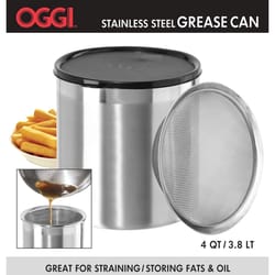 OGGI Silver Stainless Steel Grease Can with Strainer 4 qt