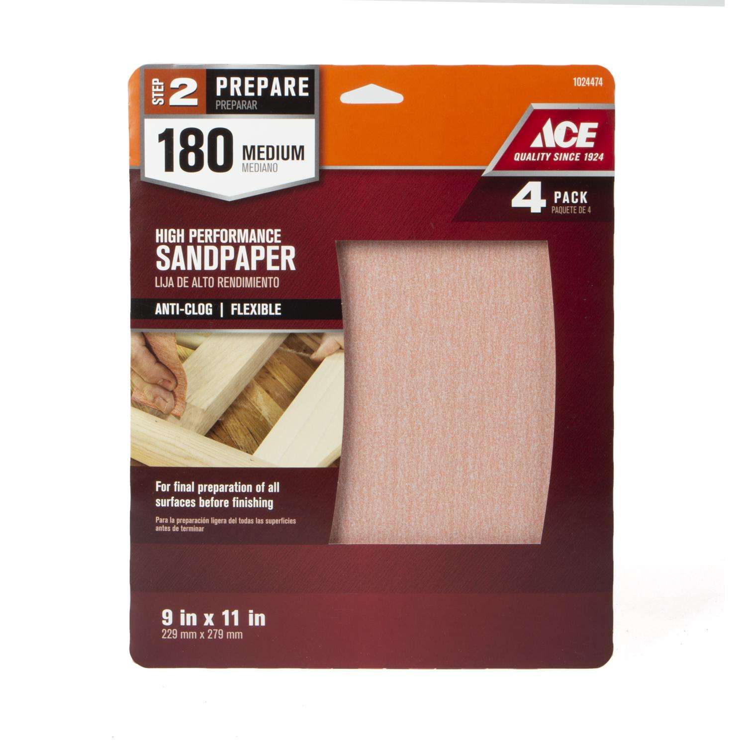 Ace 11 in. L X 9 in. W 180 Grit Aluminum Oxide All Purpose Sandpaper 4