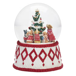 Roman Glitter Dome LED Red/White Musical Dogs Around the Tree Table Decor 6 in.