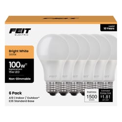 Feit A19 E26 (Medium) LED Bulb Warm White 100 Watt Equivalence 6 pk