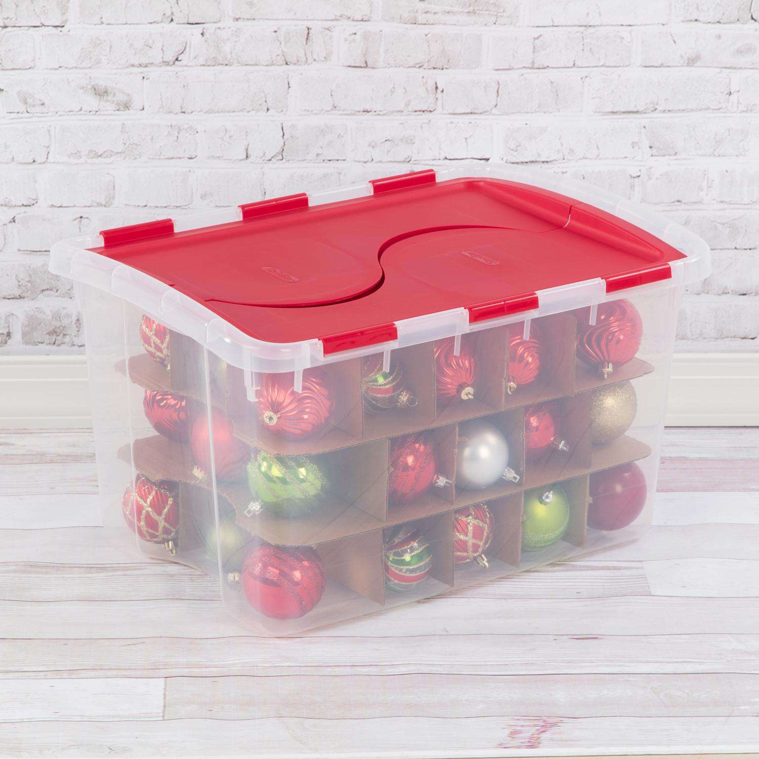 Sterilite 48 qt Clear/Red Ornament Storage Box w/Hinged Lid 13.13 in. H X  22.38 in. W X 15.88 in. D - Ace Hardware