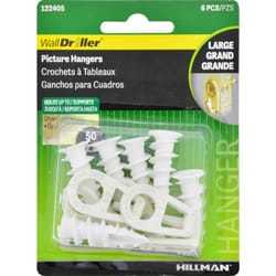 HILLMAN Wall Driller White Drywall Picture Hook 50 lb 6 pk