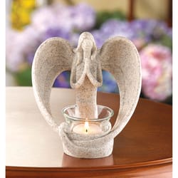 Wings of Devotion 5.75 in. H X 3.875 in. W X 5.375 in. L Tan Poly Resin Earth Angel Candle Holder