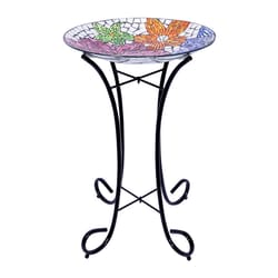Alpine Multicolored Glass/Metal 23 in. Floral Bird Bath with Stand