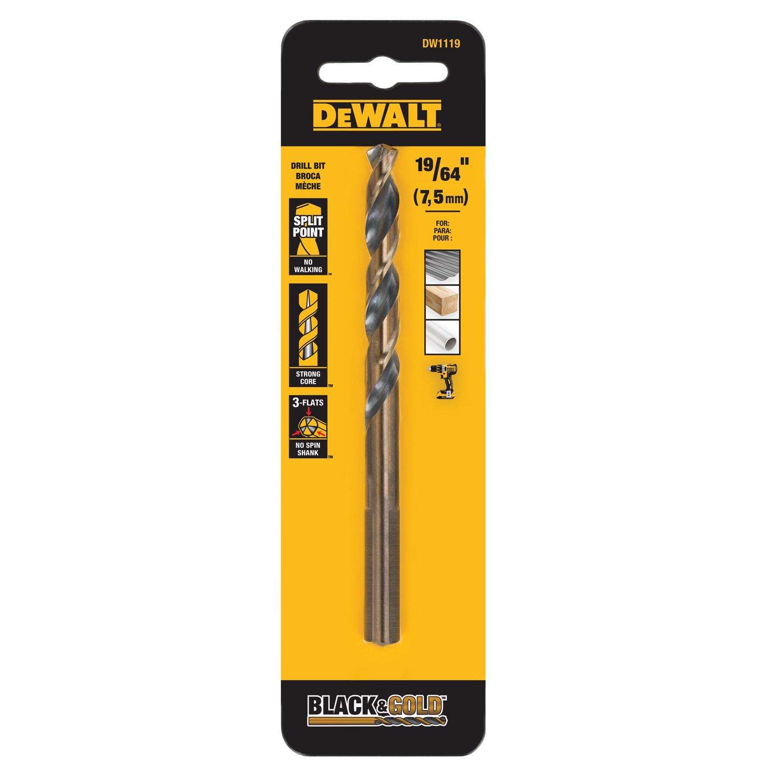 DeWalt Black & Gold 19/64 in. High Speed Steel Split Point Drill Bit 3 ...