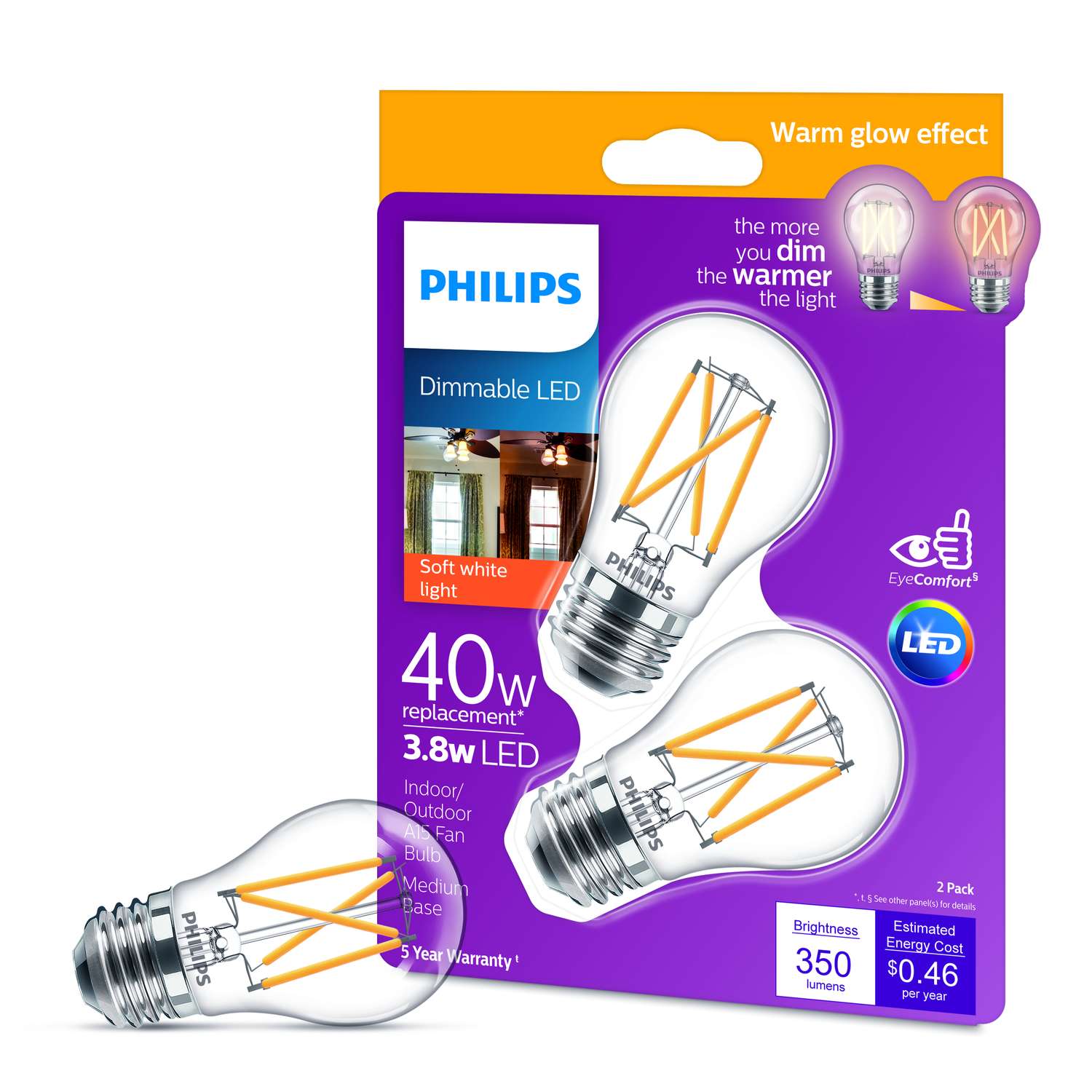 Philips A15 E26 (Medium) LED Bulb Soft White 40 Watt Equivalence 2 pk