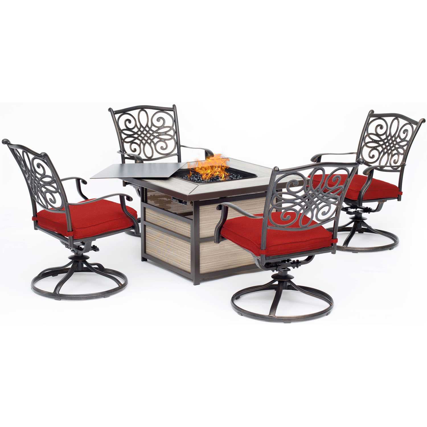 Hanover Traditions 5 Pc Bronze Aluminum Firepit Seating Set Red
