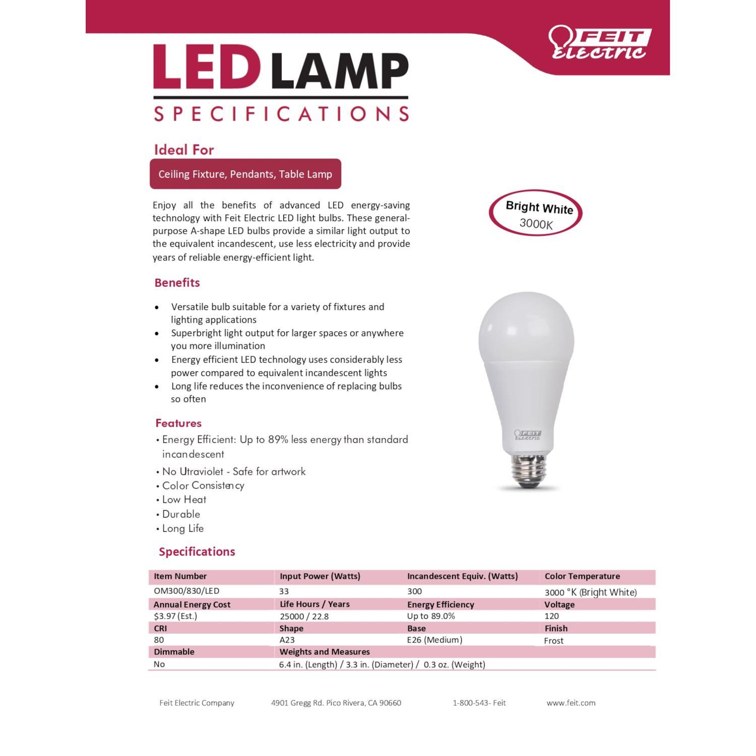 Feit A23 E26 (Medium) LED Bulb Bright White 300 Watt Equivalence 1 pk