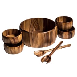 Kalmar Home Natural Acacia Wood Salad Bowl with Servers 7 pc