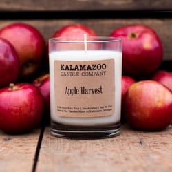 Kalamazoo Candle Company Clear glass jar with white soy wax, wood lid Apple Harvest Scent Apple Harv