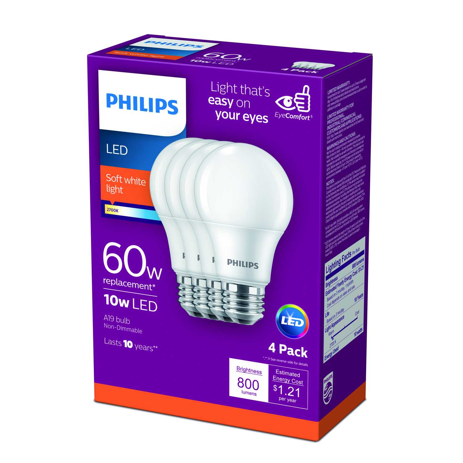 Philips A19 E26 (Medium) LED Bulb Soft White 60 Watt Equivalence 4 pk ...