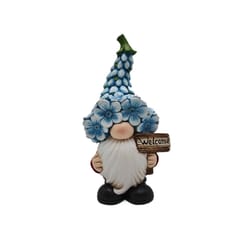 Luxe Light Decor Multicolored Polyresin 18 in. H Gnome w/Blue Multi Flower Hat and Sign Statue