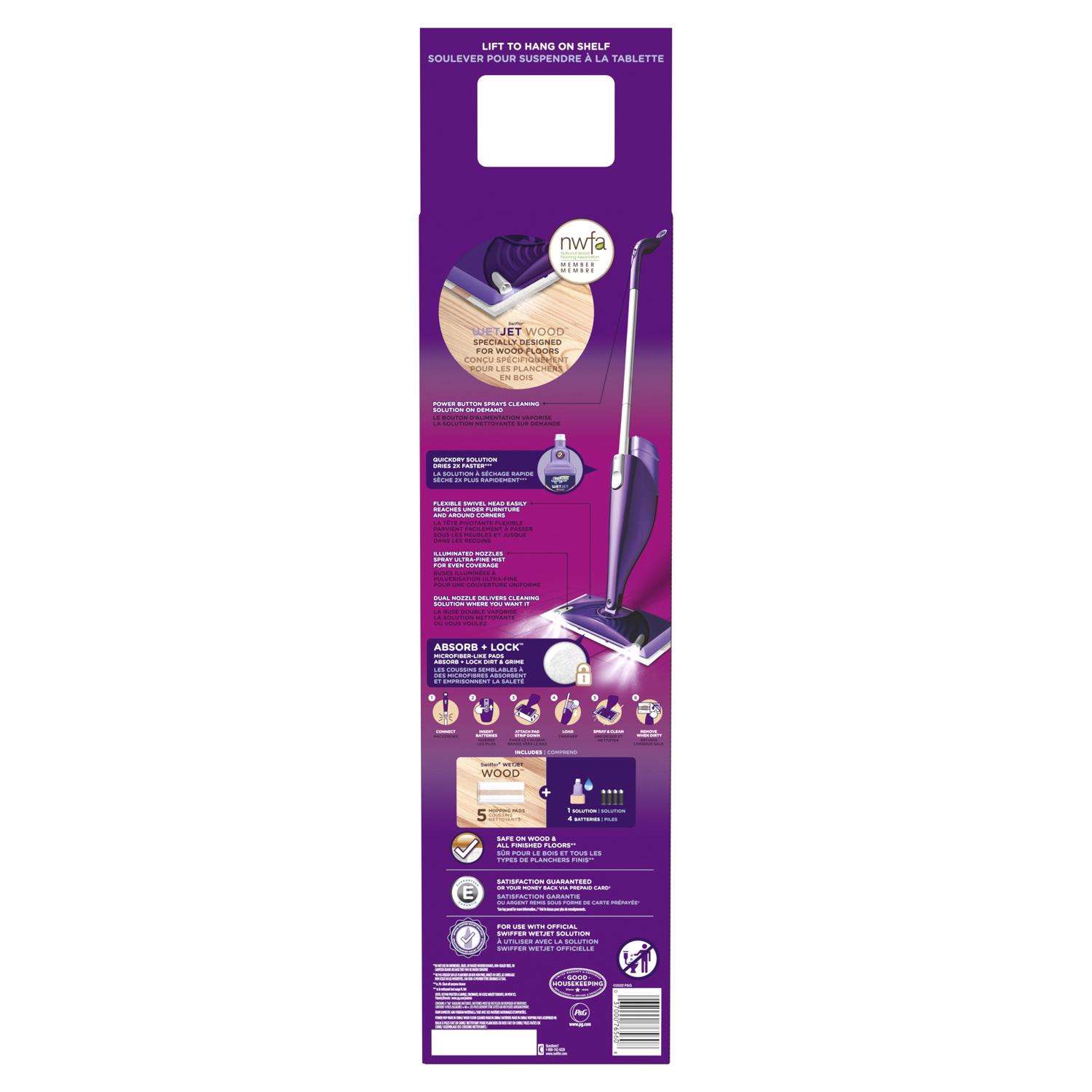 Kit de démarrage Swiffer Wetjet Wood : 1 Balai, 1 Solution Nettoyante, 5  Recharges et 4 Piles