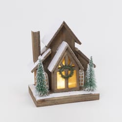 Gerson Multicolored Lighted Wood House with Trees Table Decor 14 in.