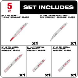 Milwaukee Sawzall 6 and 9 in. Bi-Metal Demolition Blade Set Multi TPI 5 pc