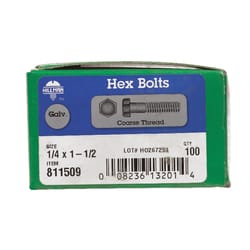 HILLMAN 1/4 in. D X 1-1/2 in. L Hot Dipped Galvanized Steel Hex Bolt 100 pk