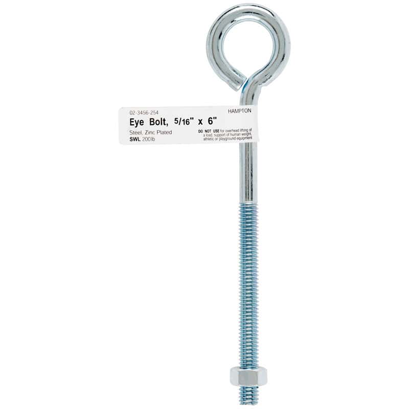 Pack of 10 with Nut Hampton 02-3456-236 Zinc-Plated Steel Eyebolt 1/4x2 L in 