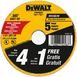 DeWalt 4-1/2 in. D X 7/8 in. Aluminum Oxide Cutting Wheel 5 pk
