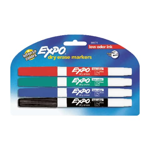 EXPO Low-Odor Dry-Erase Marker, Fine Bullet Tip, Assorted Colors, 4/Set