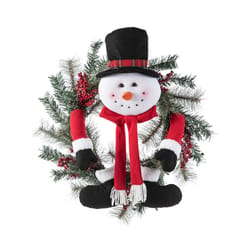 Glitzhome LED Christmas Flocked Pine Berry Wreath with Fabric Snowman Ornament Sets 24 in. Hanging D