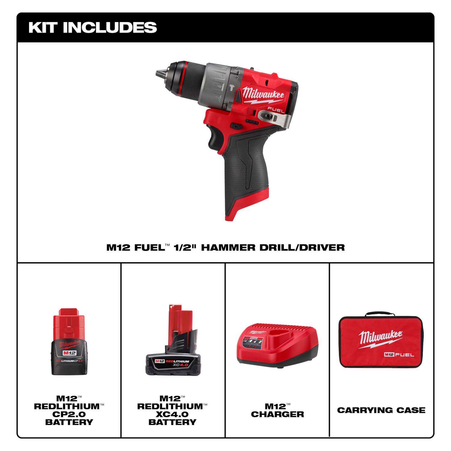 Milwaukee 3404-22 M12 Fuel 1/2 Hammer Drill Driver Kit