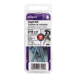 Hillman 3/16 in. D X 6 in. L Round Steel Toggle Bolt 50 pk Hillman 3/16 in. D X 6 in. L Round Steel Toggle Bolt 50 pk