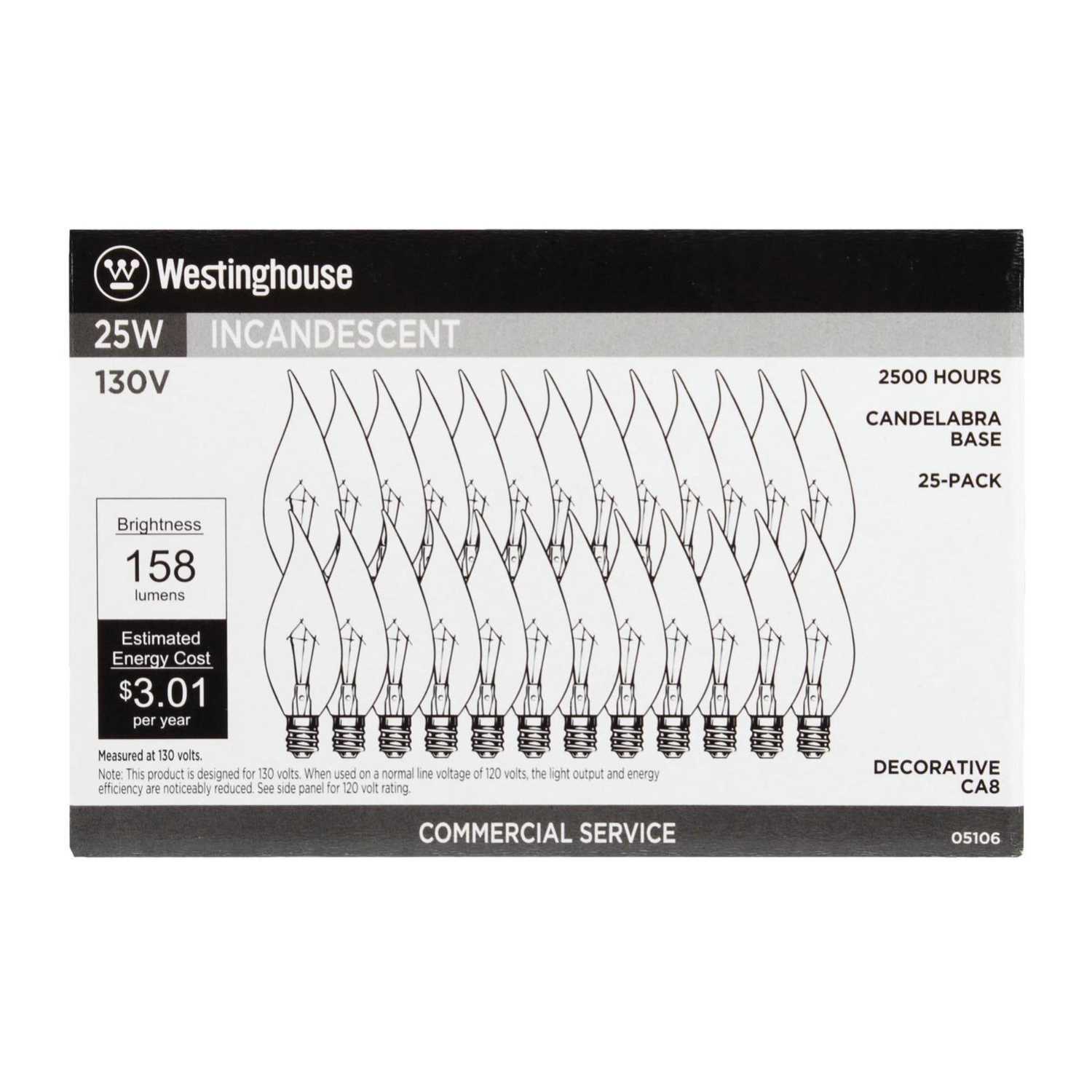 Westinghouse 25 watts CA8 Decorative Incandescent Bulb E12 (Candelabra