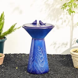 Glitzhome Ceramic Blue 27.5 in. H Two Birds Embossed Plant Pattern Pedestal Fountain