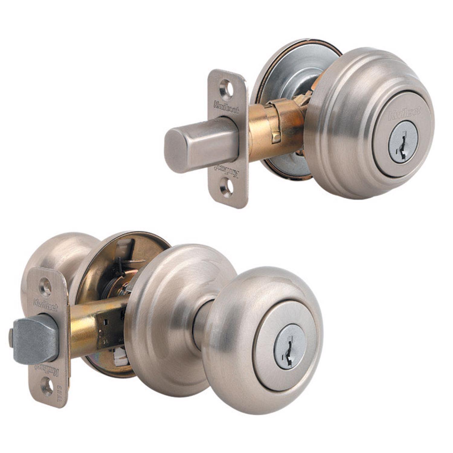 kwikset smartkey juno satin nickel deadbolt and entry door knob kw1 1-3/4 in.