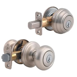 Kwikset SmartKey Juno Satin Nickel Deadbolt and Entry Door Knob KW1 1-3/4 in.